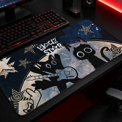 Rock star cat playing electric guitar on galaxy space background - aesthetic dark desk mat for gamers and music lovers