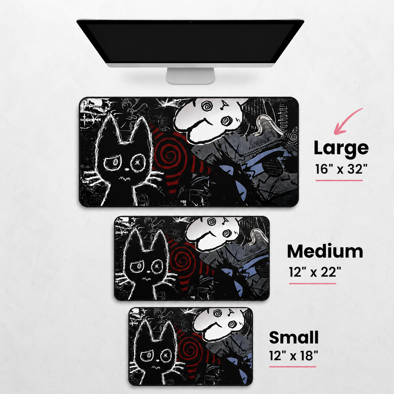 Dark Punk Cat Desk Mat Size Guide – 12x18, 12x22, 16x32 inches