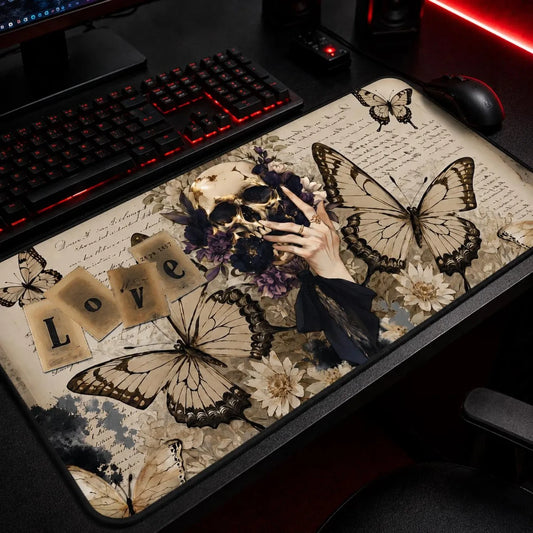 Dark romantic mousepad, gothic skull and butterfly desk mat for gaming setup