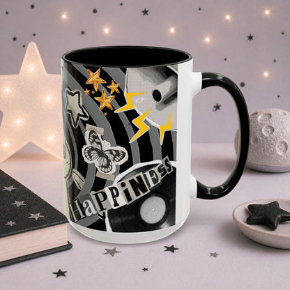 Weirdcore collage coffee mug with stars, butterfly artwork, abstract graphics and happiness typography in black and white aesthetic style.