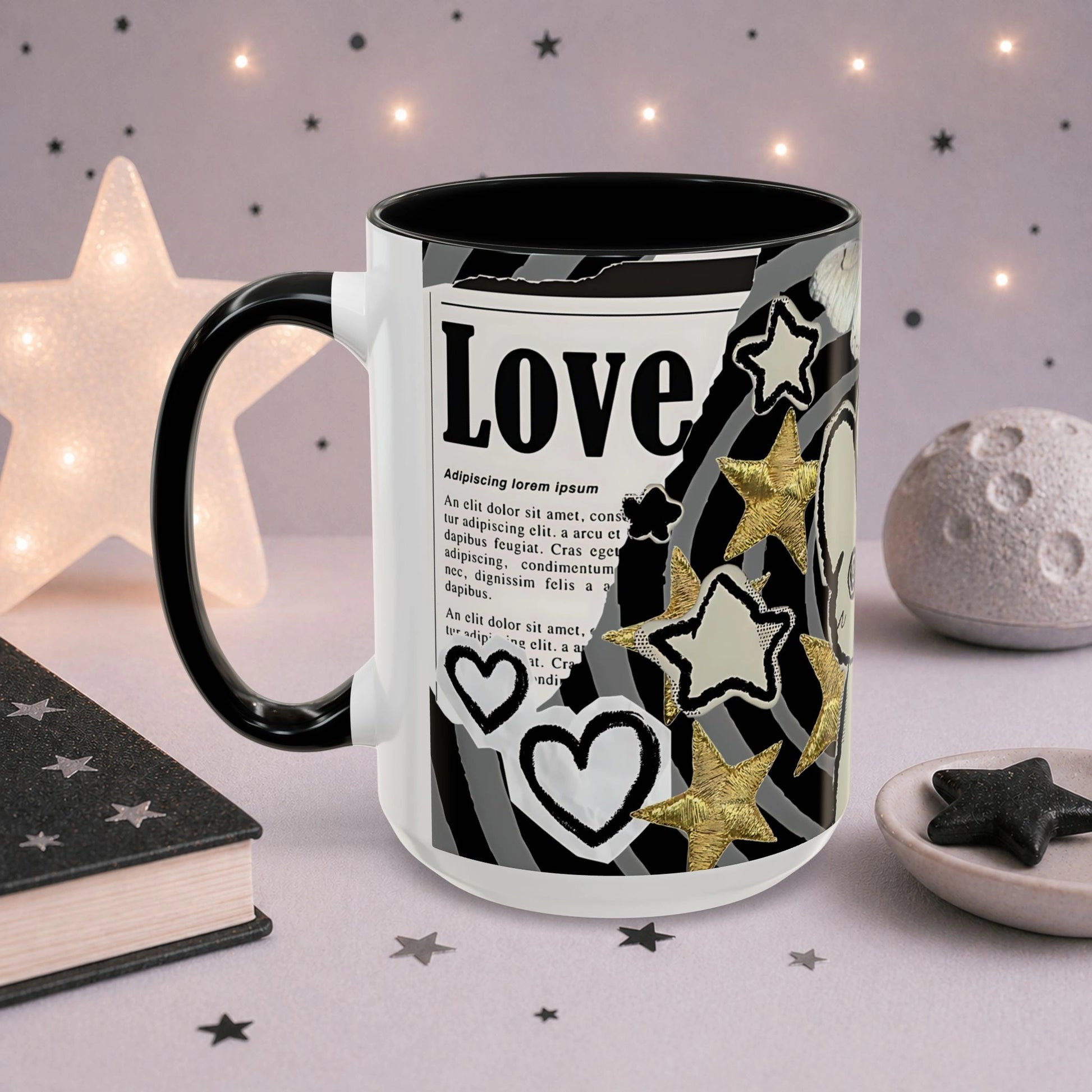 Black and white weirdcore aesthetic mug featuring collage art, hearts, stars, newspaper typography and vintage scrapbook design.