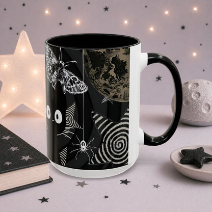 Alternative gothic mug with black cat, moth illustration, moon artwork, spiral patterns, and weirdcore aesthetic.