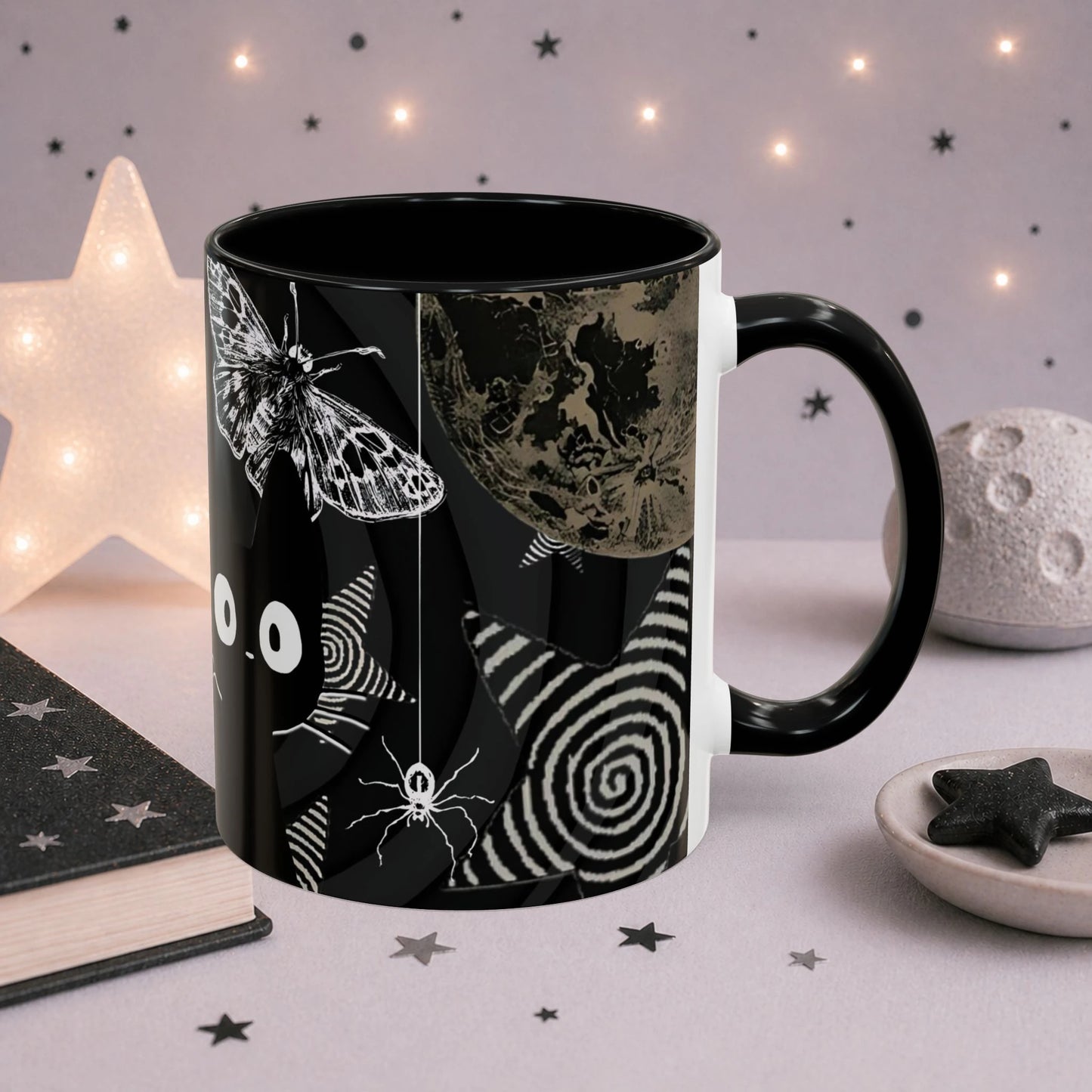 Dark kawaii mug featuring moth, moon, spider illustration, spiral stars, and gothic weirdcore artwork.
