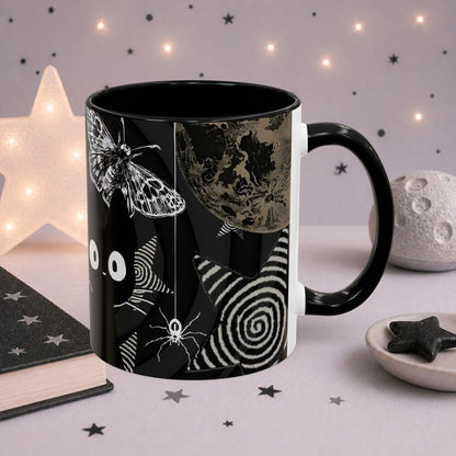 Dark kawaii mug featuring moth, moon, spider illustration, spiral stars, and gothic weirdcore artwork.