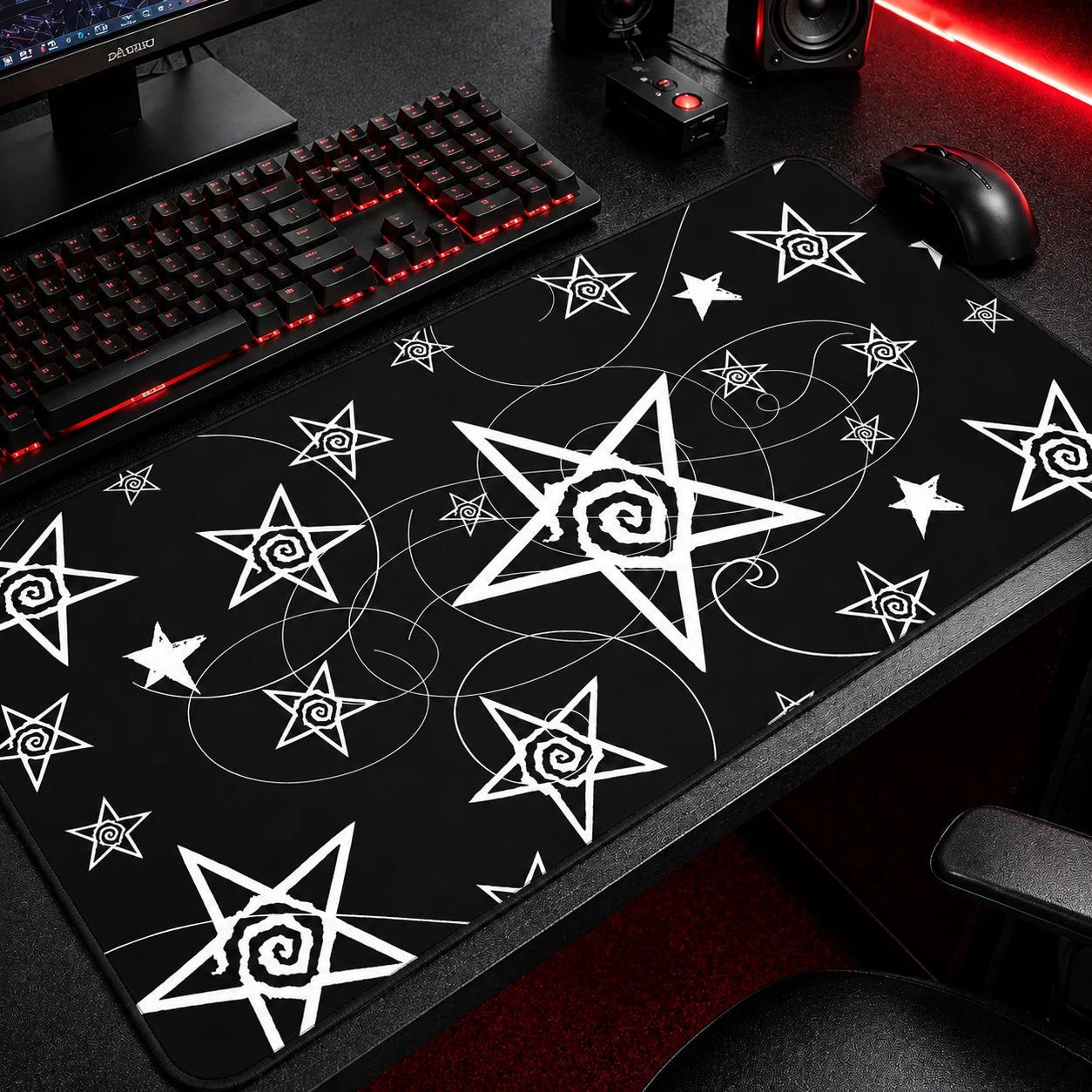Black and white spiral star gaming mousepad featuring hand-drawn celestial stars, whimsical swirl patterns, and minimalist alternative artwork. Large extended desk mat perfect for Y2K aesthetic setups, indie room decor, gothic desks, and modern gaming spaces.