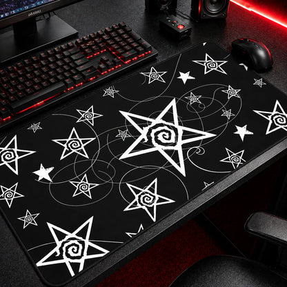 Black and white spiral star gaming mousepad featuring hand-drawn celestial stars, whimsical swirl patterns, and minimalist alternative artwork. Large extended desk mat perfect for Y2K aesthetic setups, indie room decor, gothic desks, and modern gaming spaces.